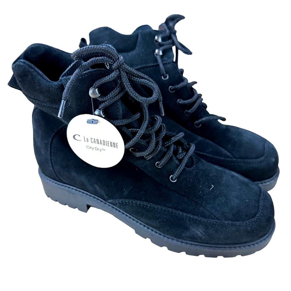 La Canadienne NWT Lucky Suede Leather Black Boot Lace Up Size 6.5 Lug Sole